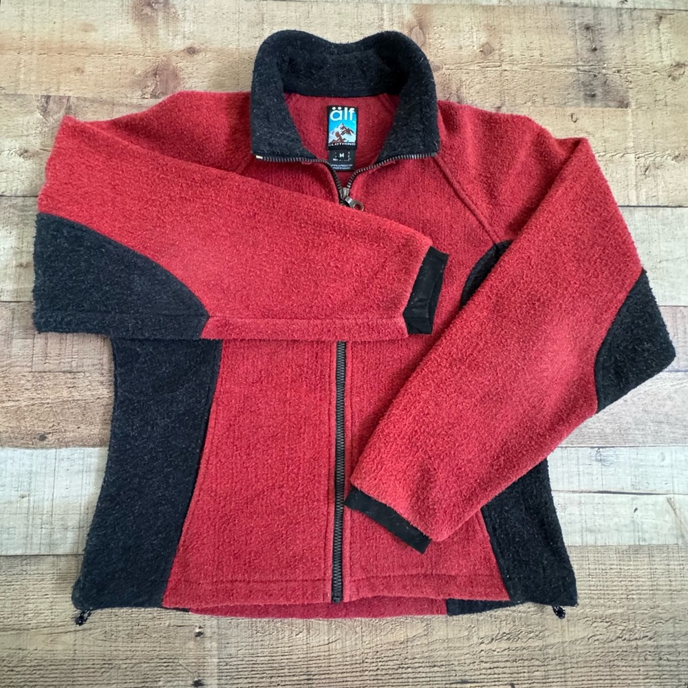 alf kuhl Full Zip Fleece Jacket with Red Black Trim MEDIUM VINTAGE
